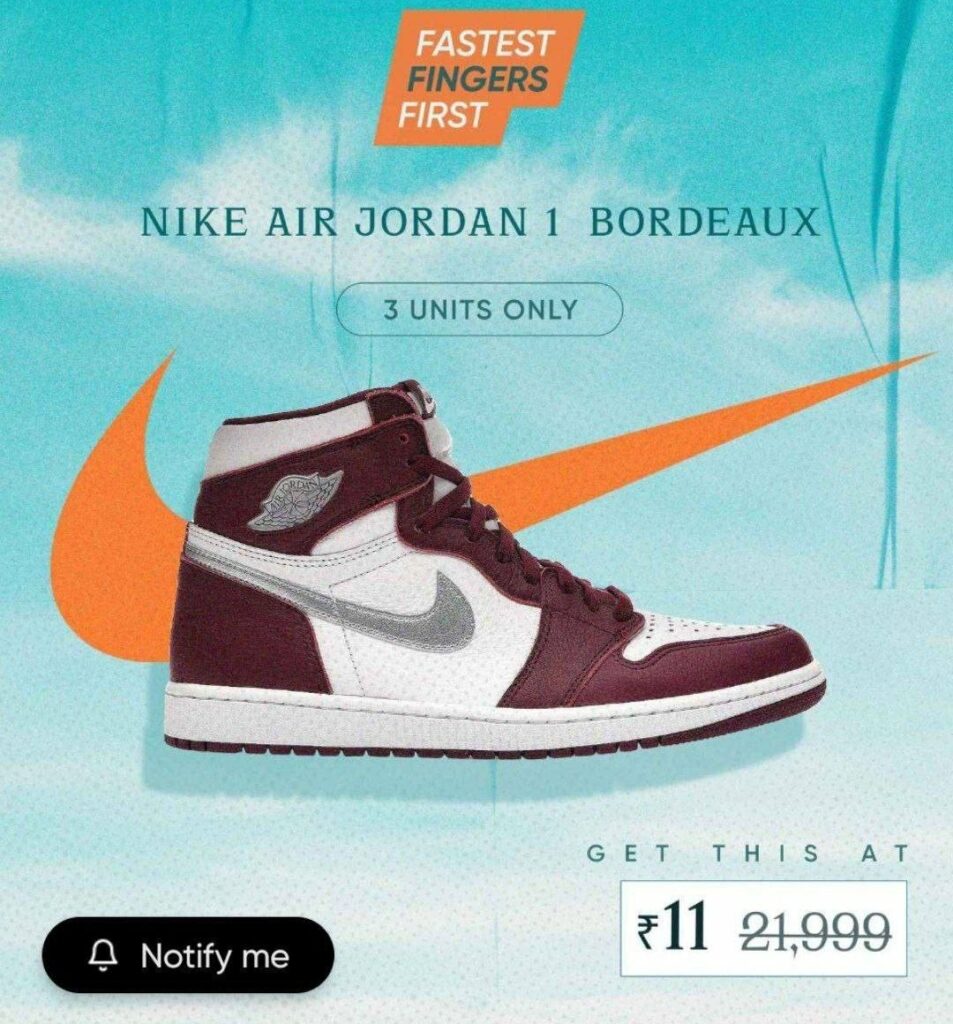 Cred : Nike Air Jordan 1 Bordeaux Shoes @ Just ₹11 | Trick to Buy