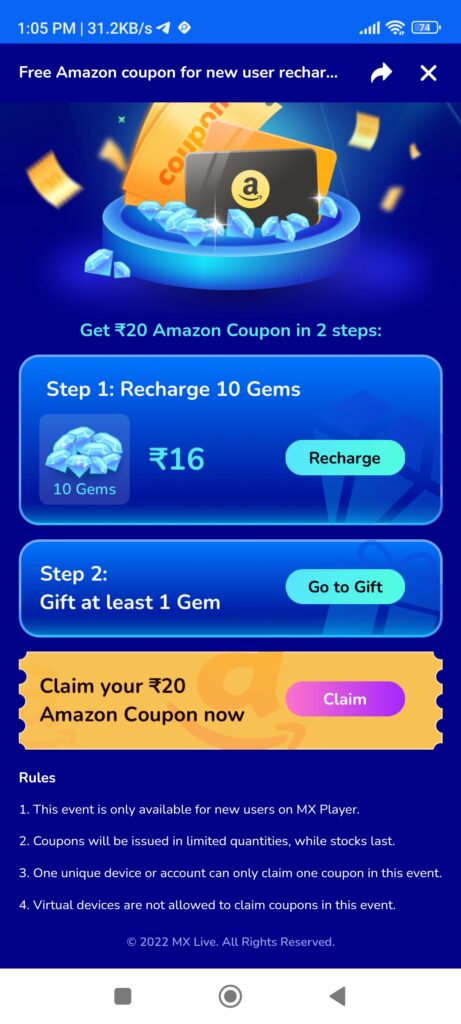 MX Player Loot - ₹20 Amazon +Free ₹50 Simpl Cashback