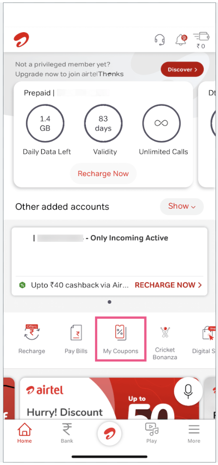 Airtel Thanks App Click on the “My Coupon