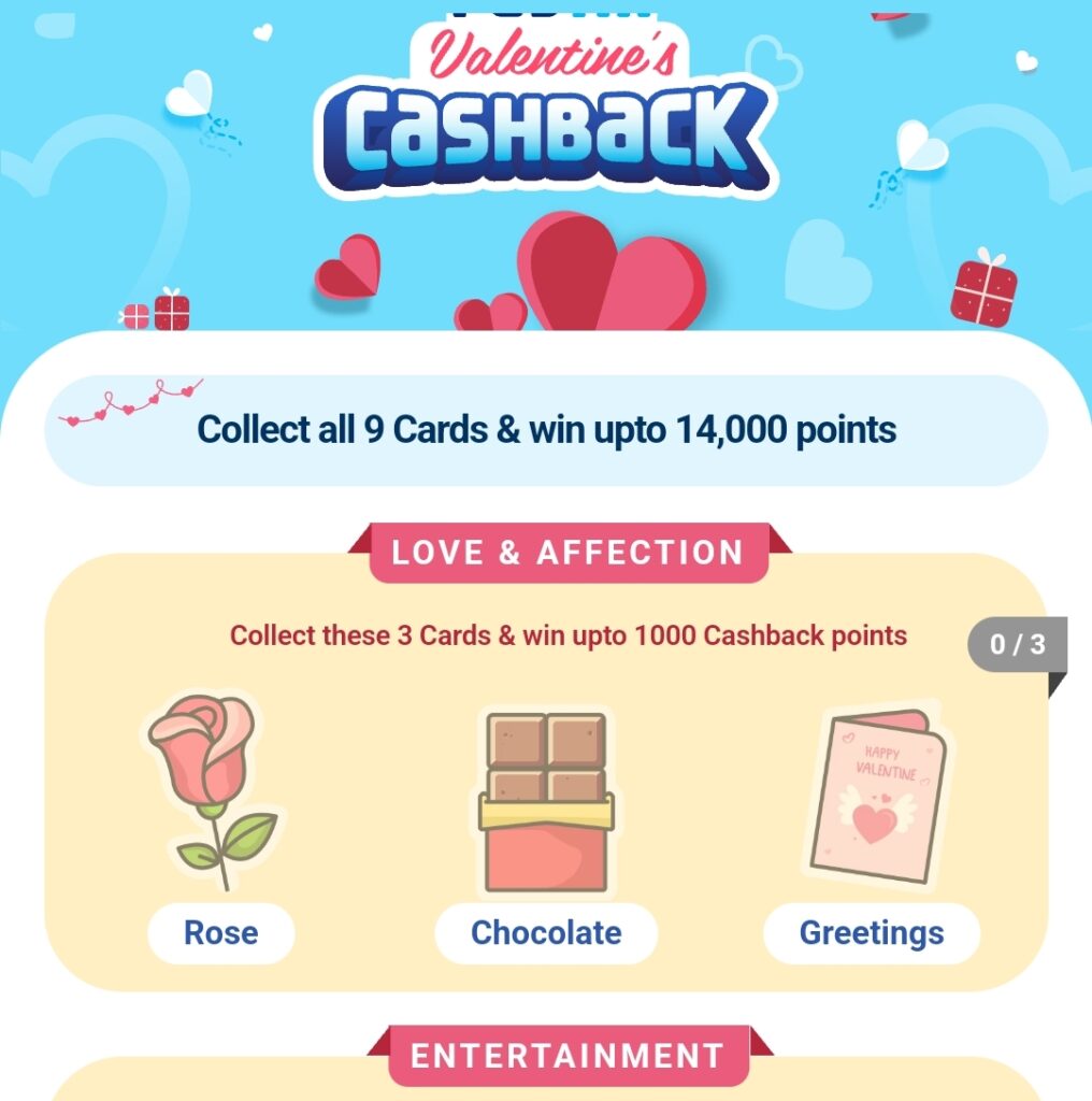 Paytm Valentine's Cashback Loot - Collect 9 Cards Get ₹140 Cash