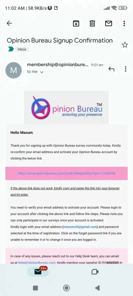 Opinion Bureau Verification Email to Your Enter / Register-Mail