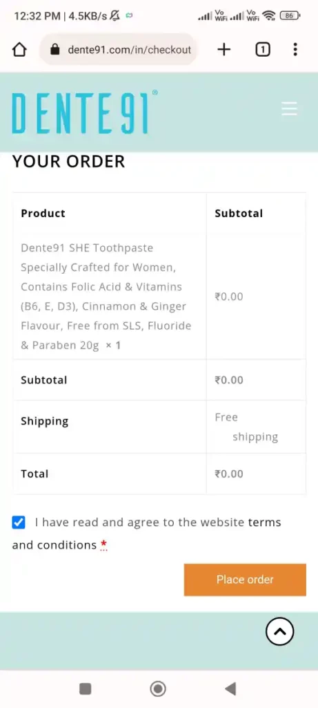 Dente91 Toothpaste sample place order 