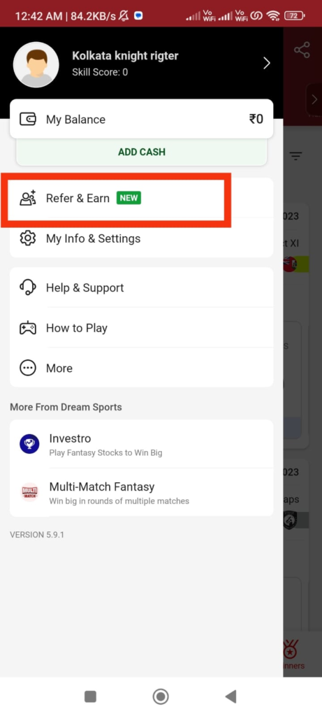dream 11 Left Dashboards by Click on Left Profile Option