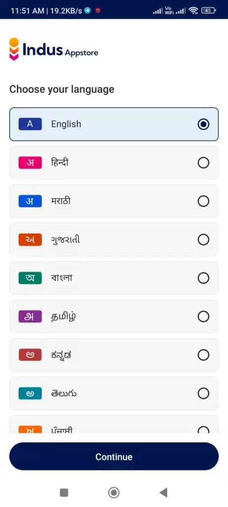 Indus store Select Your Language
