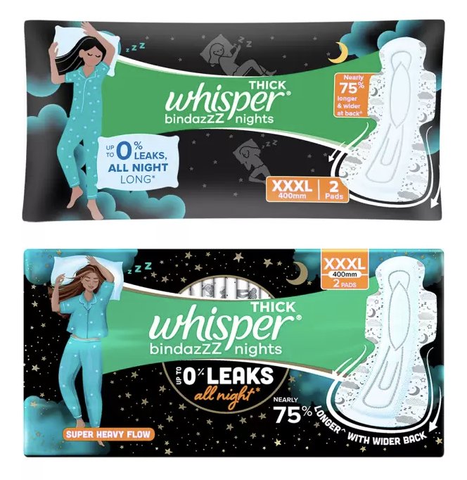 Whisper Bindazzz Nights Sanitary Pad  (Pack of 2) @ Rs.1