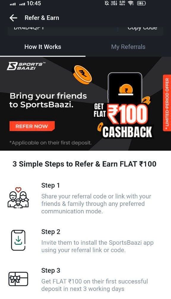 SportsBaazi App - Refer & Earn ₹100 Referral Code